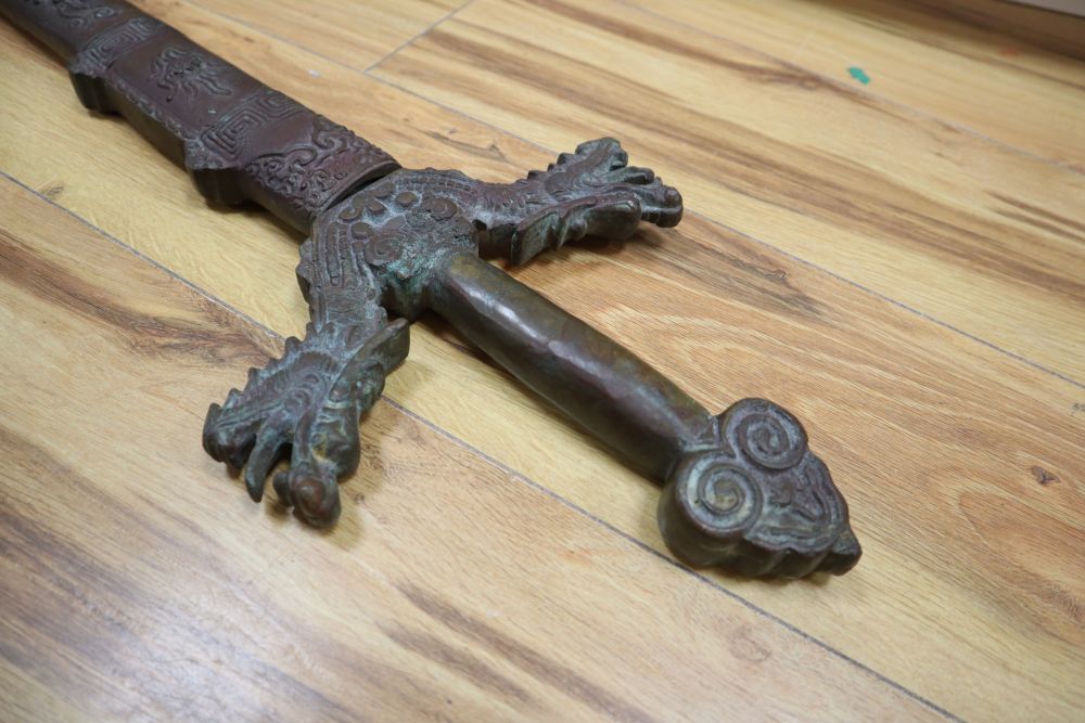 A Chinese bronze model of a sword, length 93cm